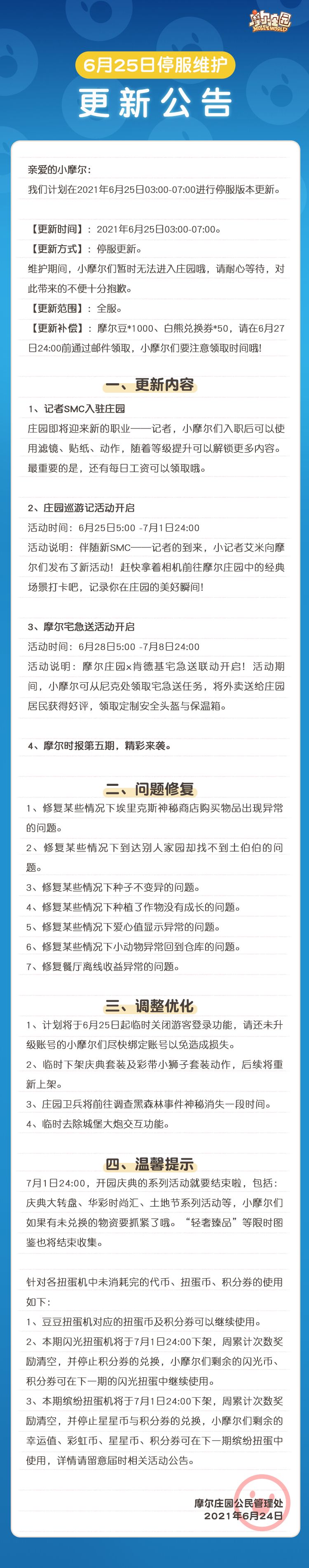 摩尔庄园6月25日停服更新维护内容分享